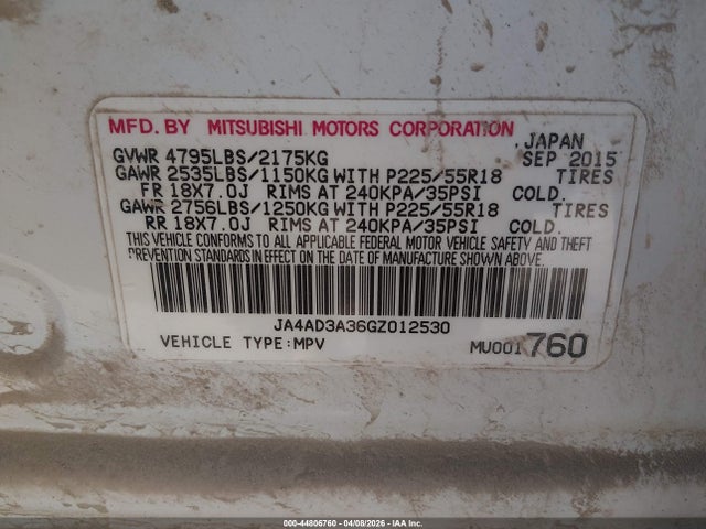 Aukcja sprzedaży 2016 Mitsubishi Outlander Se, vin: JA4AD3A36GZ012530, numer aukcji: 44806760