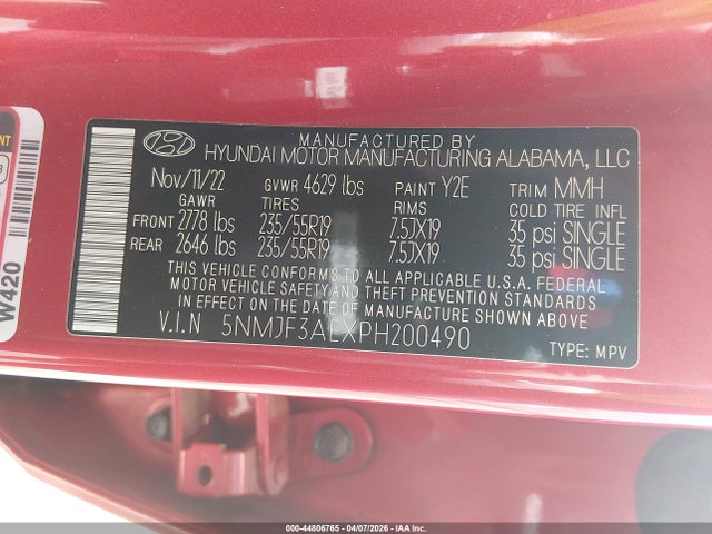 2023 Hyundai Tucson Sel მანქანა იყიდება აუქციონზე, vin: 5NMJF3AEXPH200490, აუქციონის ნომერი: 44806765