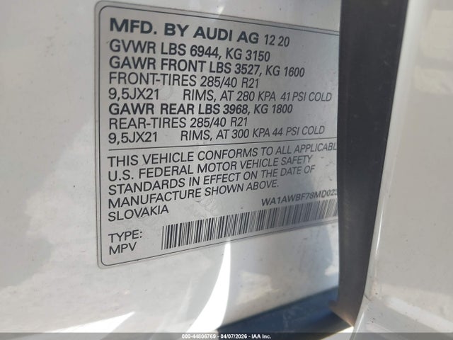 Aukcja sprzedaży 2021 Audi Sq7 Premium Plus Tfsi Quattro Tiptronic, vin: WA1AWBF78MD023957, numer aukcji: 44806769