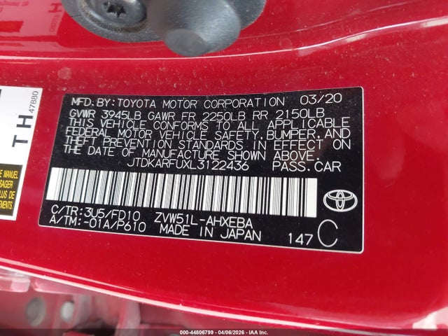 Toyota Prius Le 2020 JTDKARFUXL3122436 Image 9