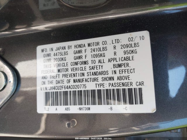 44806800 :رقم المزاد ، JH4CU2F64AC020775 vin ، 2010 Acura Tsx 2.4 مزاد بيع
