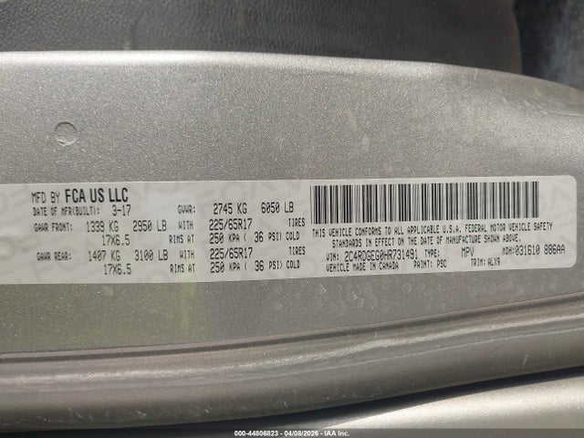2017 Dodge Grand Caravan Gt მანქანა იყიდება აუქციონზე, vin: 2C4RDGEG0HR731491, აუქციონის ნომერი: 44806823