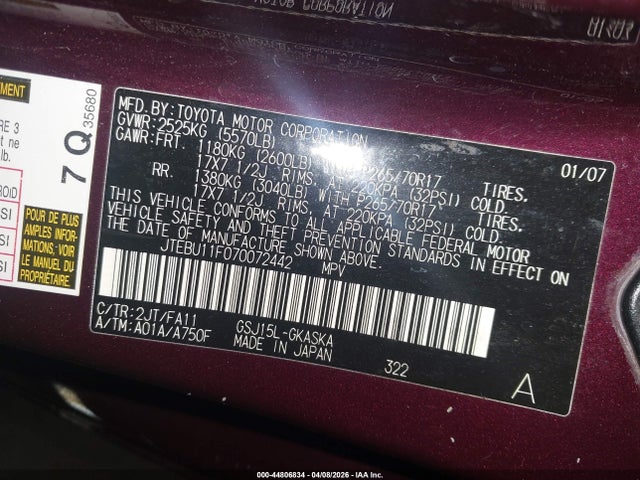 Aukcja sprzedaży 2007 Toyota Fj Cruiser, vin: JTEBU11F070072442, numer aukcji: 44806834