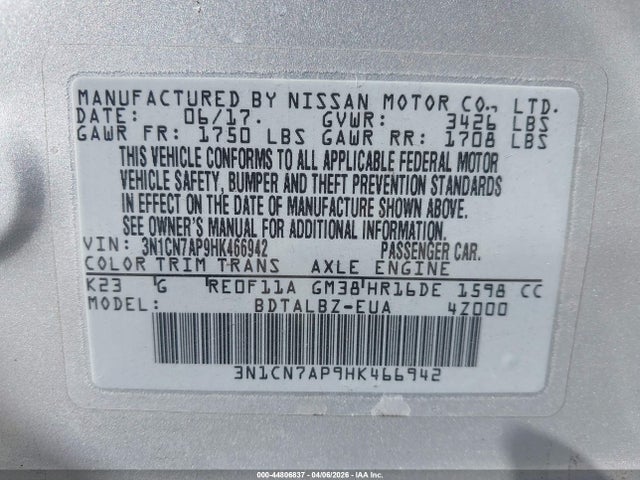 3N1CN7AP9HK466942 Nissan Versa 1.6 Sv