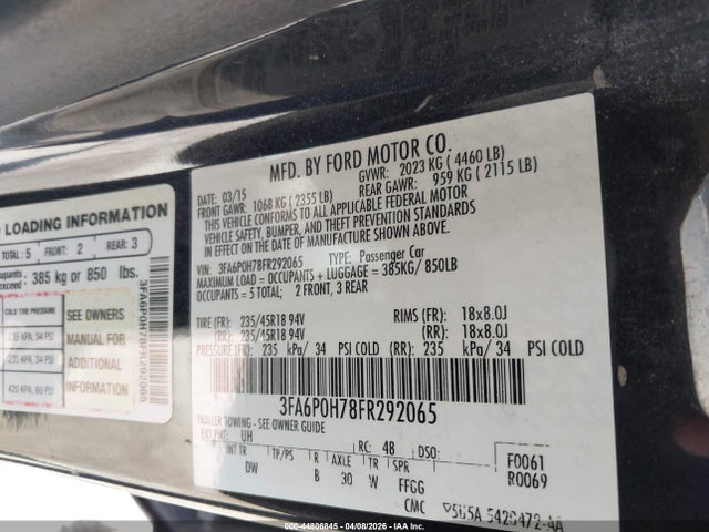 2015 Ford Fusion Se მანქანა იყიდება აუქციონზე, vin: 3FA6P0H78FR292065, აუქციონის ნომერი: 44806845