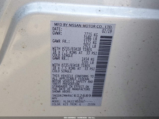 Nissan Pathfinder Sv 2019 5N1DR2MN4KC612689 Image 9