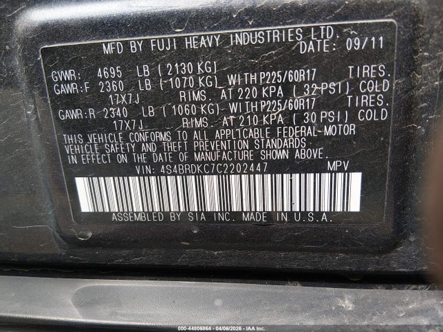 Aukcja sprzedaży 2012 Subaru Outback 3.6r Limited, vin: 4S4BRDKC7C2202447, numer aukcji: 44806864