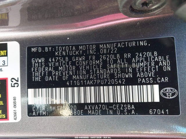 Aukcja sprzedaży 2023 Toyota Camry Se, vin: 4T1G11AK7PU720542, numer aukcji: 44806869
