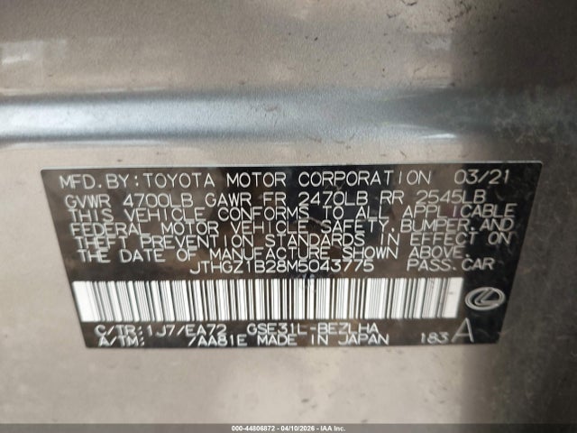 Aukcja sprzedaży 2021 Lexus Is 350 F Sport, vin: JTHGZ1B28M5043775, numer aukcji: 44806872