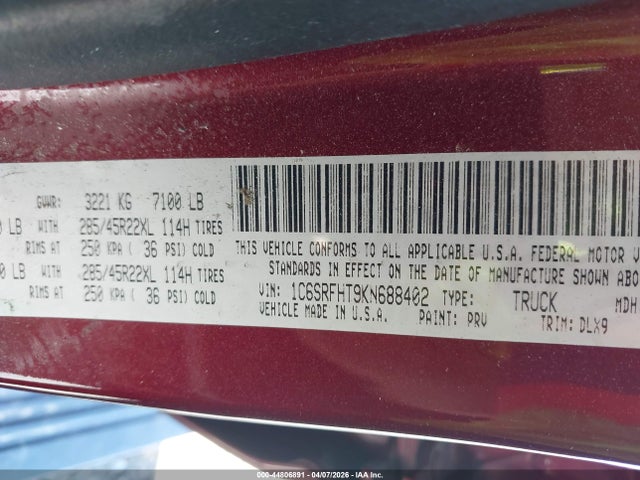 Aukcja sprzedaży 2019 Ram 1500 Limited  4x4 5'7 Box, vin: 1C6SRFHT9KN688402, numer aukcji: 44806891