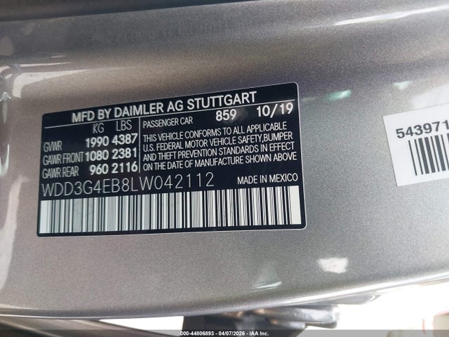 2020 Mercedes-benz A 220 მანქანა იყიდება აუქციონზე, vin: WDD3G4EB8LW042112, აუქციონის ნომერი: 44806893