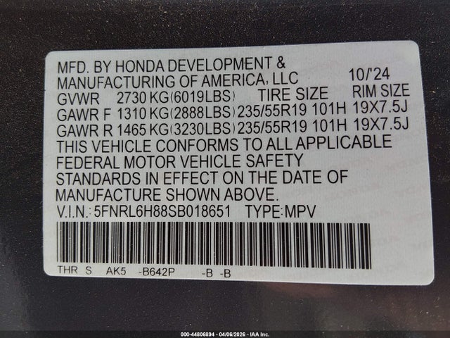 5FNRL6H88SB018651 Honda Odyssey Touring