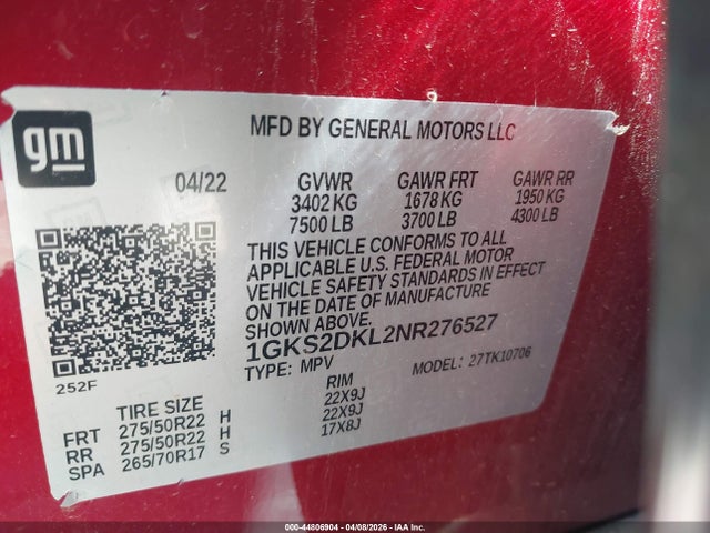2022 Gmc Yukon 4wd Denali მანქანა იყიდება აუქციონზე, vin: 1GKS2DKL2NR276527, აუქციონის ნომერი: 44806904