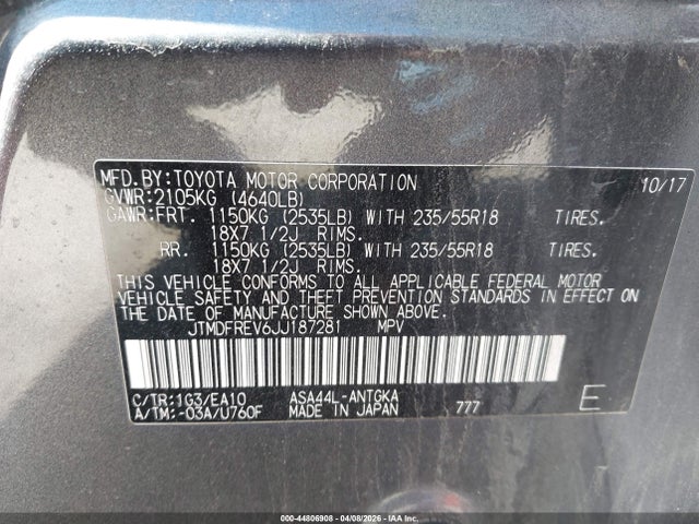Aukcja sprzedaży 2018 Toyota Rav4 Limited, vin: JTMDFREV6JJ187281, numer aukcji: 44806908
