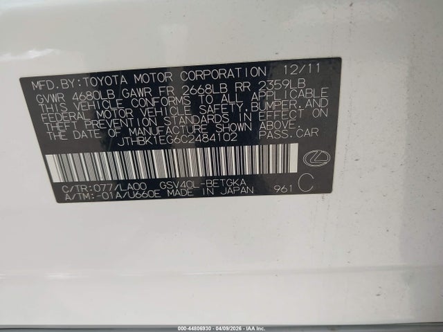 Aukcja sprzedaży 2012 Lexus Es 350, vin: JTHBK1EG6C2484102, numer aukcji: 44806930