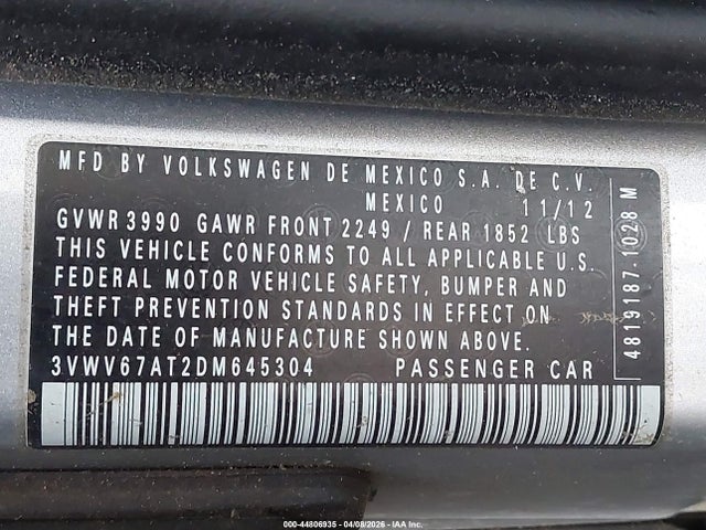 44806935 :رقم المزاد ، 3VWV67AT2DM645304 vin ، 2013 Volkswagen Beetle Turbo مزاد بيع