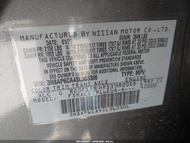 Aukcja sprzedaży 2025 Nissan Kicks Sv Fwd, vin: 3N8AP6CA4SL363306, numer aukcji: 44806937