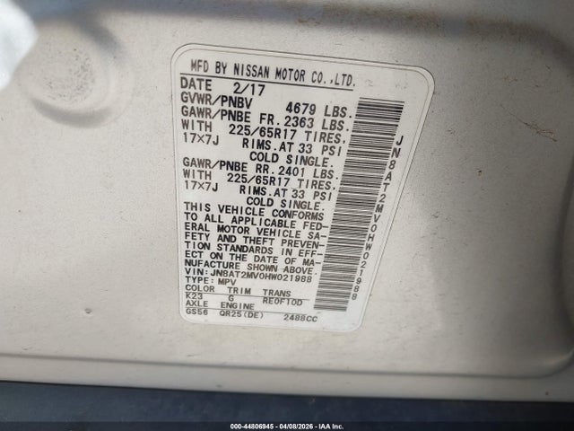 44806945 :رقم المزاد ، JN8AT2MV0HW021988 vin ، 2017 Nissan Rogue Sv مزاد بيع