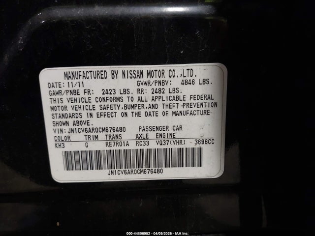 Продажа на аукционе авто 2012 Infiniti G37x, vin: JN1CV6AR0CM676480, номер лота: 44806952