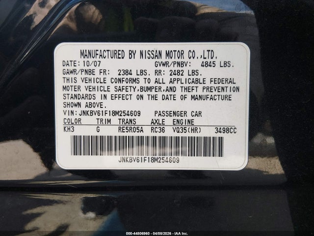 2008 Infiniti G35x მანქანა იყიდება აუქციონზე, vin: JNKBV61F18M254609, აუქციონის ნომერი: 44806960