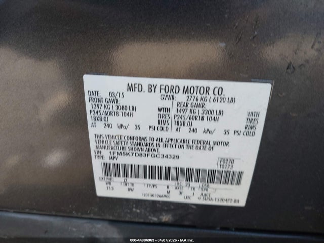 44806963 :رقم المزاد ، 1FM5K7D83FGC34329 vin ، 2015 Ford Explorer Xlt مزاد بيع