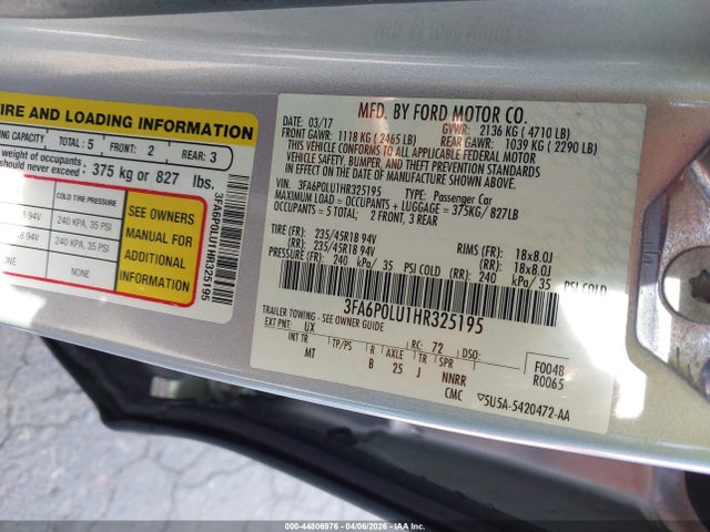 Aukcja sprzedaży 2017 Ford Fusion Hybrid Se, vin: 3FA6P0LU1HR325195, numer aukcji: 44806976