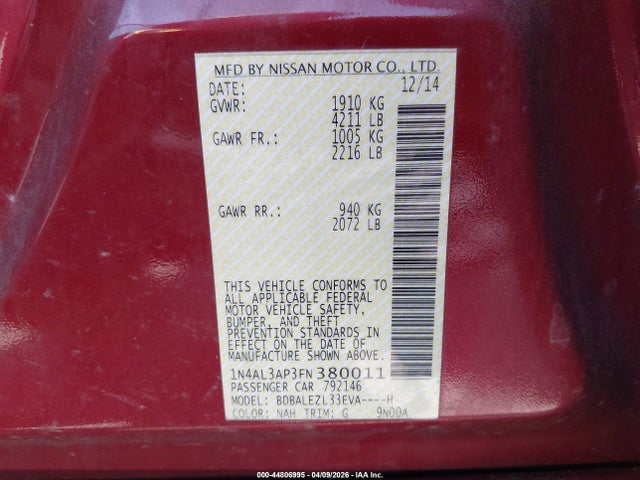 Aukcja sprzedaży 2015 Nissan Altima 2.5 S, vin: 1N4AL3AP3FN380011, numer aukcji: 44806995
