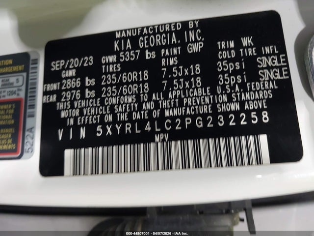 Aukcja sprzedaży 2023 Kia Sorento S, vin: 5XYRL4LC2PG232258, numer aukcji: 44807001