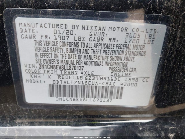 Aukcja sprzedaży 2020 Nissan Versa Sv Xtronic Cvt, vin: 3N1CN8EV8LL870137, numer aukcji: 44807027