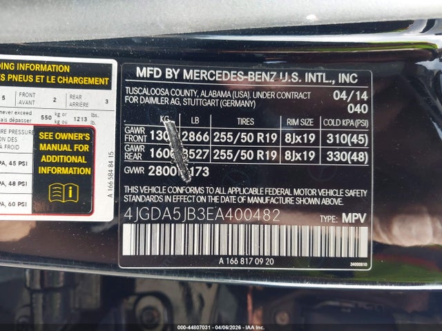 Продажа на аукционе авто 2014 Mercedes-benz Ml 350, vin: 4JGDA5JB3EA400482, номер лота: 44807031