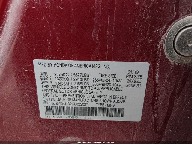 Aukcja sprzedaży 2019 Acura Mdx Advance Pkg, vin: 5J8YD4H82KL022027, numer aukcji: 44807035