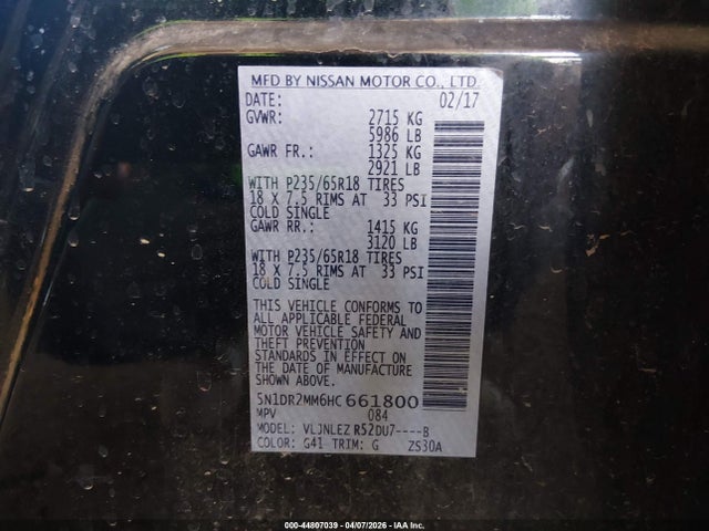 44807039 :رقم المزاد ، 5N1DR2MM6HC661800 vin ، 2017 Nissan Pathfinder Sv مزاد بيع
