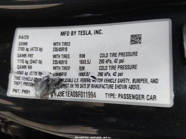 Продаж на аукціоні авто 2025 Tesla Model 3 Long Range Rear-wheel Drive/standard Rear-wheel Drive, vin: 5YJ3E1EA0SF011994, номер лоту: 44807042