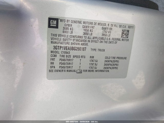 44807044 :رقم المزاد ، 3GTP1VEA9BG266187 vin ، 2011 Gmc Sierra 1500 Sle مزاد بيع