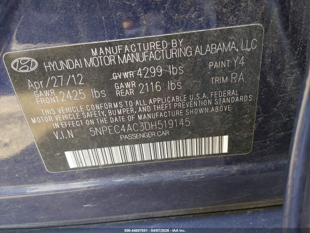 2013 Hyundai Sonata Limited მანქანა იყიდება აუქციონზე, vin: 5NPEC4AC3DH519145, აუქციონის ნომერი: 44807051