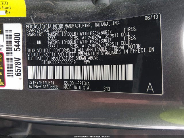 Продажа на аукционе авто 2013 Toyota Sienna Xle V6 8 Passenger, vin: 5TDYK3DC7DS383019, номер лота: 44807064