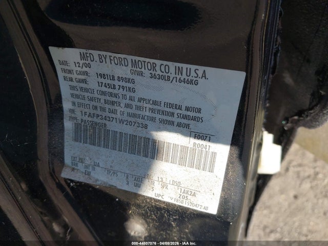Продаж на аукціоні авто 2001 Ford Focus Se, vin: 1FAFP34371W207338, номер лоту: 44807076