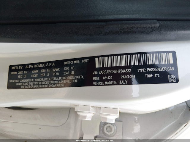 ZARFAECN8H7544332 Alfa Romeo Giulia Ti Rwd