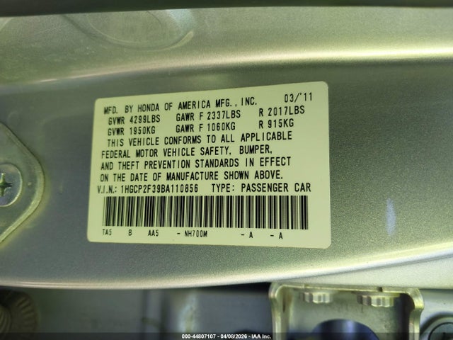 Продажа на аукционе авто 2011 Honda Accord 2.4 Lx, vin: 1HGCP2F39BA110856, номер лота: 44807107