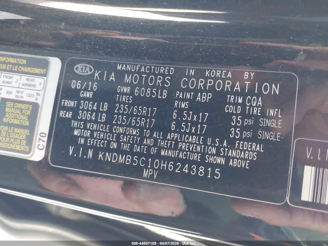 Продаж на аукціоні авто 2017 Kia Sedona Lx, vin: KNDMB5C10H6243815, номер лоту: 44807109