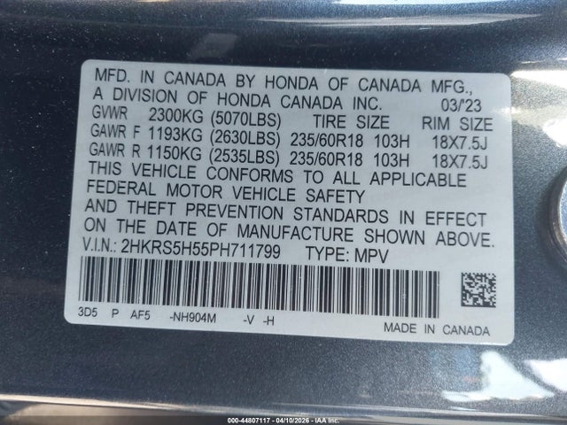 44807117 :رقم المزاد ، 2HKRS5H55PH711799 vin ، 2023 Honda Cr-v Hybrid Sport مزاد بيع