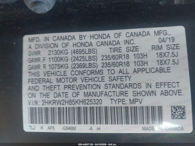 2HKRW2H85KH625320 Honda Cr-v Ex-l
