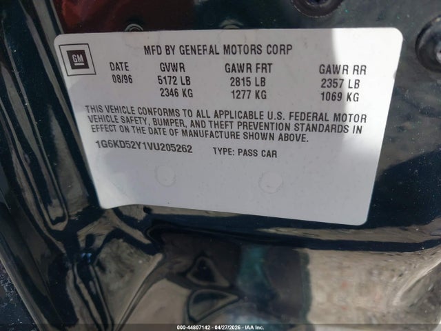 1997 Cadillac Deville Standard მანქანა იყიდება აუქციონზე, vin: 1G6KD52Y1VU205262, აუქციონის ნომერი: 44807142