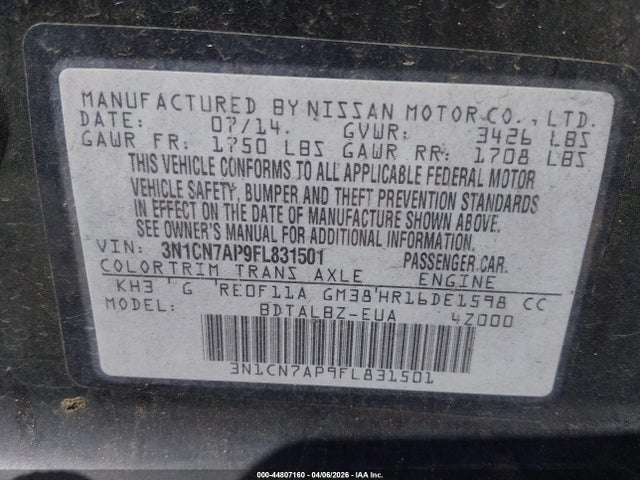 3N1CN7AP9FL831501 Nissan Versa 1.6 Sv