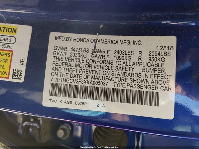 2019 Honda Accord Sport 2.0t მანქანა იყიდება აუქციონზე, vin: 1HGCV2F3XKA005037, აუქციონის ნომერი: 44807167