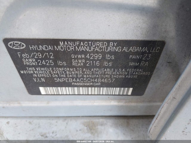 Продаж на аукціоні авто 2012 Hyundai Sonata Gls, vin: 5NPEB4AC5CH484657, номер лоту: 44807169