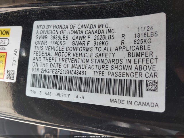 Продажа на аукционе авто 2025 Honda Civic Lx, vin: 2HGFE2F21SH548461, номер лота: 44807181