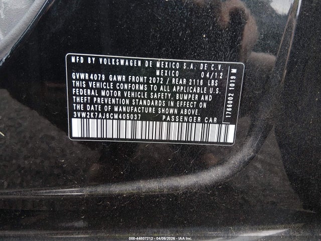 Продажа на аукционе авто 2012 Volkswagen Jetta 2.0l S, vin: 3VW2K7AJ6CM405037, номер лота: 44807212