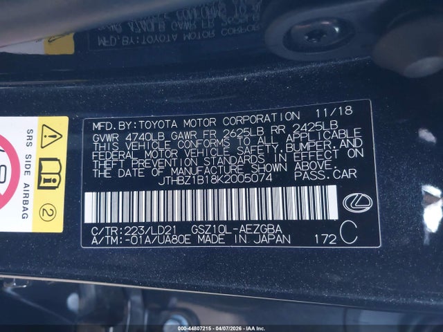 Продажа на аукционе авто 2019 Lexus Es 350, vin: JTHBZ1B18K2005074, номер лота: 44807215