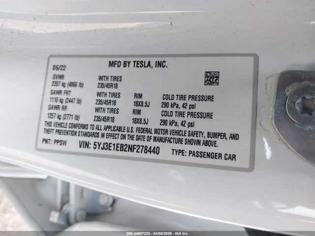 2022 Tesla Model 3 Long Range Dual Motor All-wheel Drive მანქანა იყიდება აუქციონზე, vin: 5YJ3E1EB2NF278440, აუქციონის ნომერი: 44807225